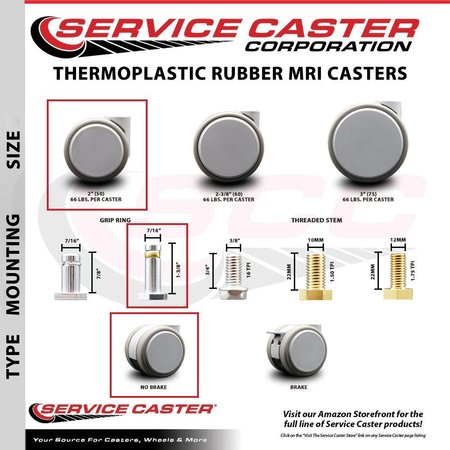 Service Caster 2 Inch MRI Safe Caster, 7/16 Inch Grip Ring Stem SCC-GR02S50-TPR-GRY-716138-MRI